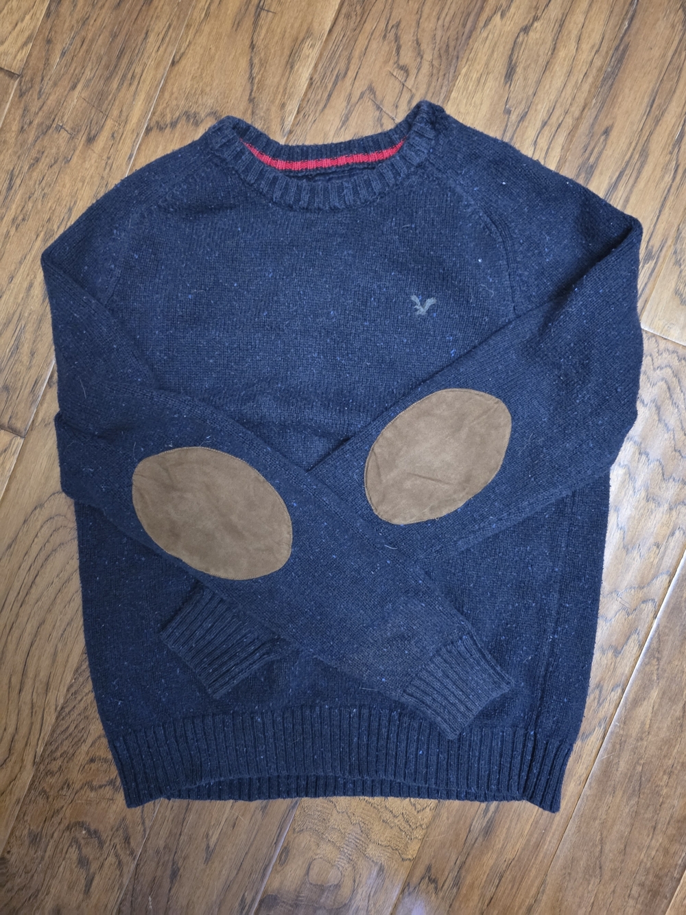 American Eagle Outfitters Navy Crewneck Sweater with Tan Elbow Patches